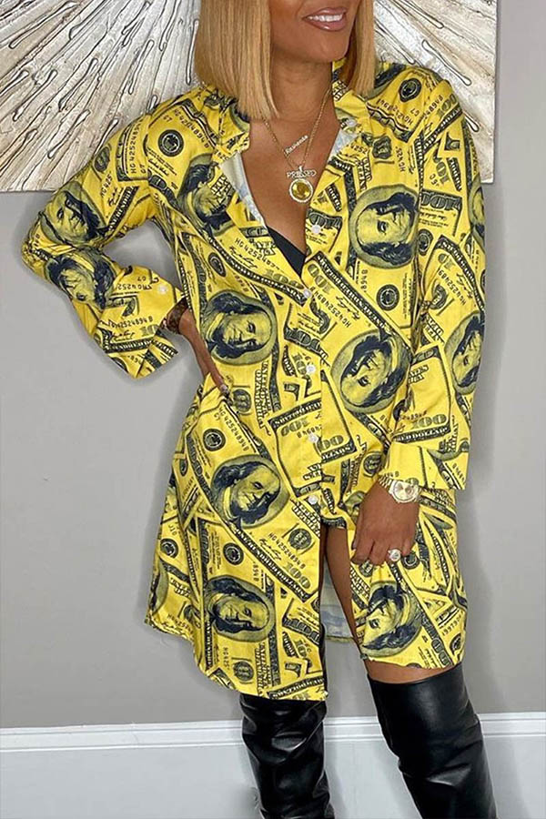Lovely Casual V Neck Printed Yellow Mini Dress
