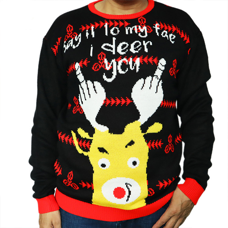 Lovely Casual Christmas Deer Black Sweater