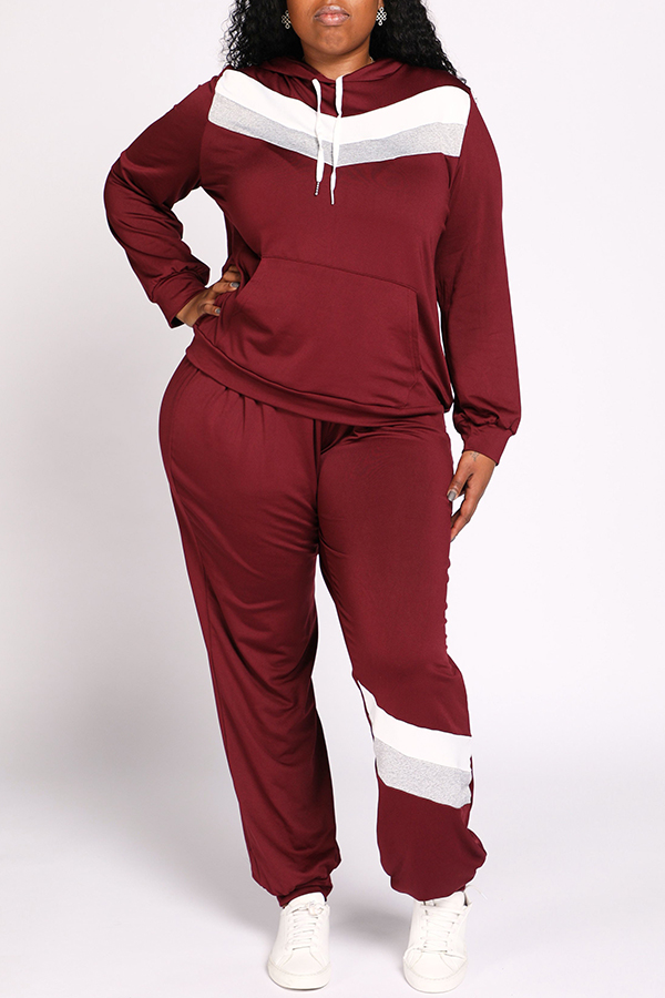 Lovely Casual Hooded Collar Patchwork Wine Red Plus Size Two-piece Pants Set