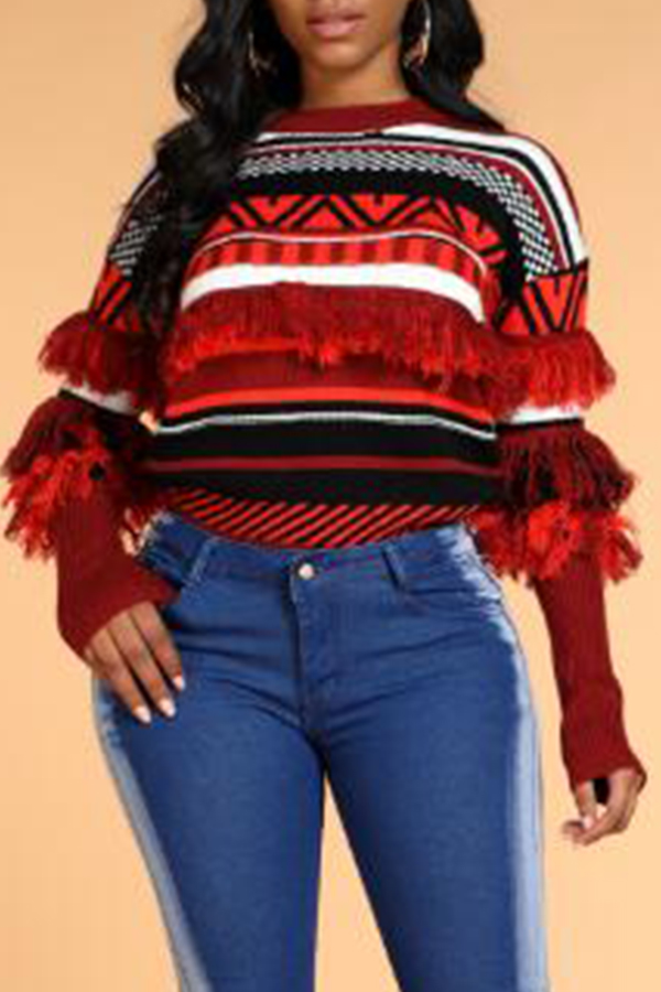 Lovely Trendy Tassel Design Geometric Red Sweater