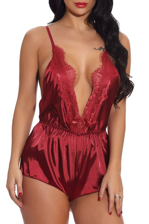 Lovely Sexy Deep V Neck Wine Red Teddies