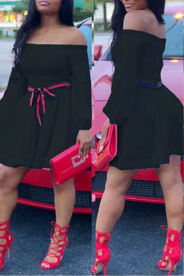 Lovely Casual Dew Shoulder Black Mini Dress