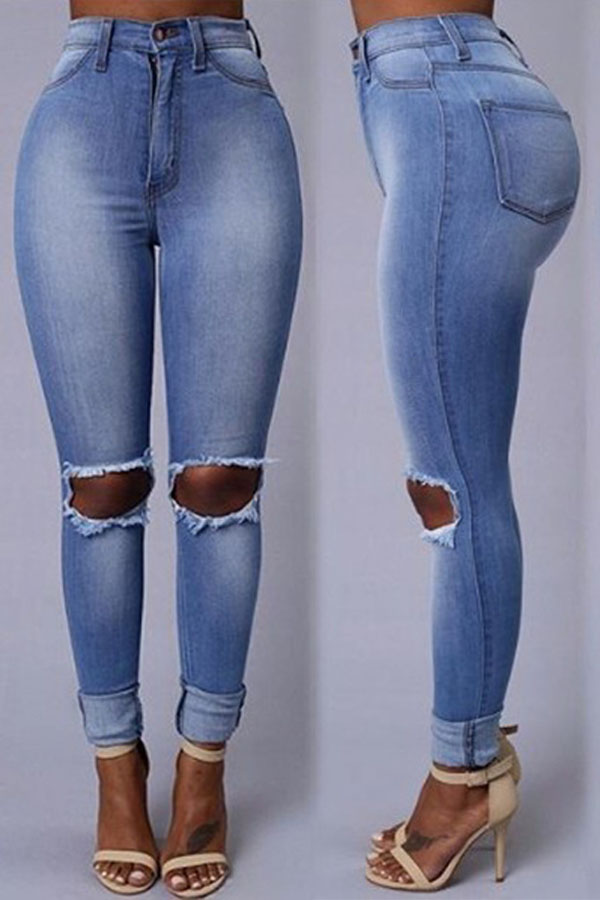 Lovely Casual Hollow-out Baby Blue Jeans