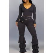 Lovely Casual Flounce Design Black One-piece Jumps