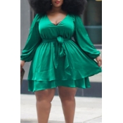 Lovely Leisure V Neck Green Plus Size Mini Dress