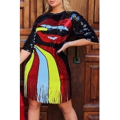 Lovely Casual O Neck Tassel Design Multicolor Knee