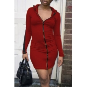 Lovely Casual Zipper Design Wine Red Mini Dress