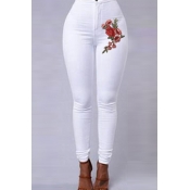 Lovely Casual Embroidery Design White Jeans