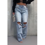 Lovely Casual Hollow-out Loose Baby Blue Jeans