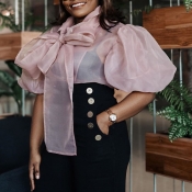 Lovely Trendy Bow-Tie Pink Plus Size Blouse