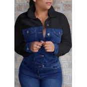 Lovely Casual Color-lump Patchwork Black Coat