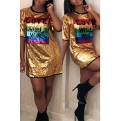 Lovely Casual Letter Gold Mini Dress