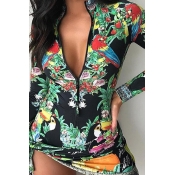 Lovely Casual Turndown Collar Printed Black Mini D