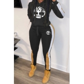 Lovely Casual Hooded Collar Printed Black Two-piec