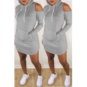 Lovely Casual Hooded Collar Dew Shoulder Grey Mini