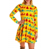Lovely Christmas Day Printed Yellow Knee Length Dr
