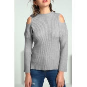 Lovely Casual Dew Shoulder Grey Knitting Sweaters