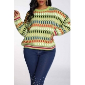 Lovely Casual O Neck Geometric Green Sweater