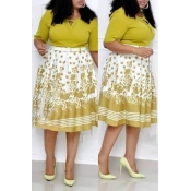 Lovely Casual Printed Yellow Knee Length Plus Size