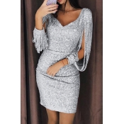 Lovely Party V Neck Tassel Design Silver Mini Even