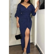Lovely Party V Neck Side High Slit Dark Blue Ankle