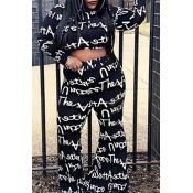 Lovely Casual Letter Printed Black Plus Size Two-p
