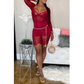 Lovely Sexy See-through Patchwork Red One-piece Ro