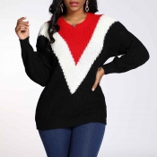 Lovely Trendy O Neck Color-lump Patchwork Black Sw