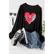 Lovely Casual O Neck Print Black Plus Size T-shirt