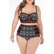 Lovely Patchwork Red Plus Size Two-piece Swimwear