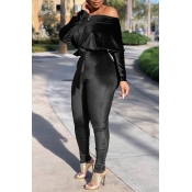 Lovely Casual Dew Shoulder Black One-piece Jumpsui