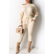 Lovely Trendy O Neck Drawstring Beige Two-piece Pa