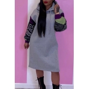 Lovely Casual Hooded Collar Patchwork Grey Knee Le