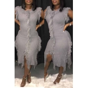 Lovely Trendy Tassel Design Grey Mid Calf Dress