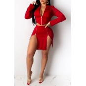 Lovely Sexy Turn-back Collar Zipper Design Red Two