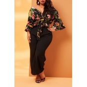 Lovely Casual Floral Black Plus Size Two-piece Pan