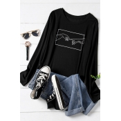 Lovely Casual O Neck Print Black Plus Size T-shirt
