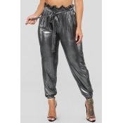Lovely Casual Drawstring Silver Pants