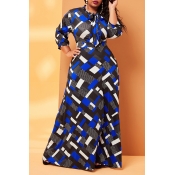 Lovely Casual Print Blue Ankle Length Plus Size Dr