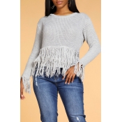 Lovely Trendy Tassel Design Grey Sweater