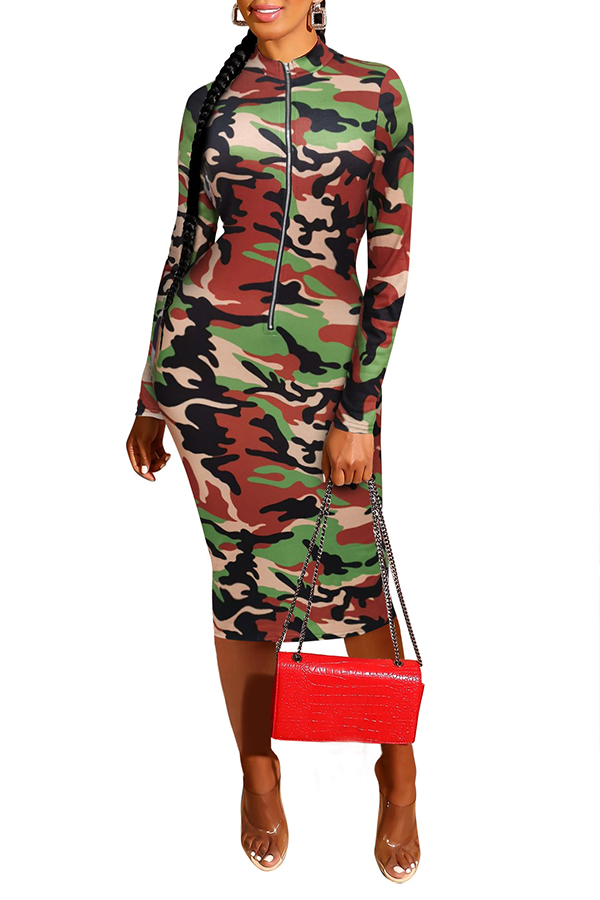 Lovely Trendy Camo Orange Knee Length Dress