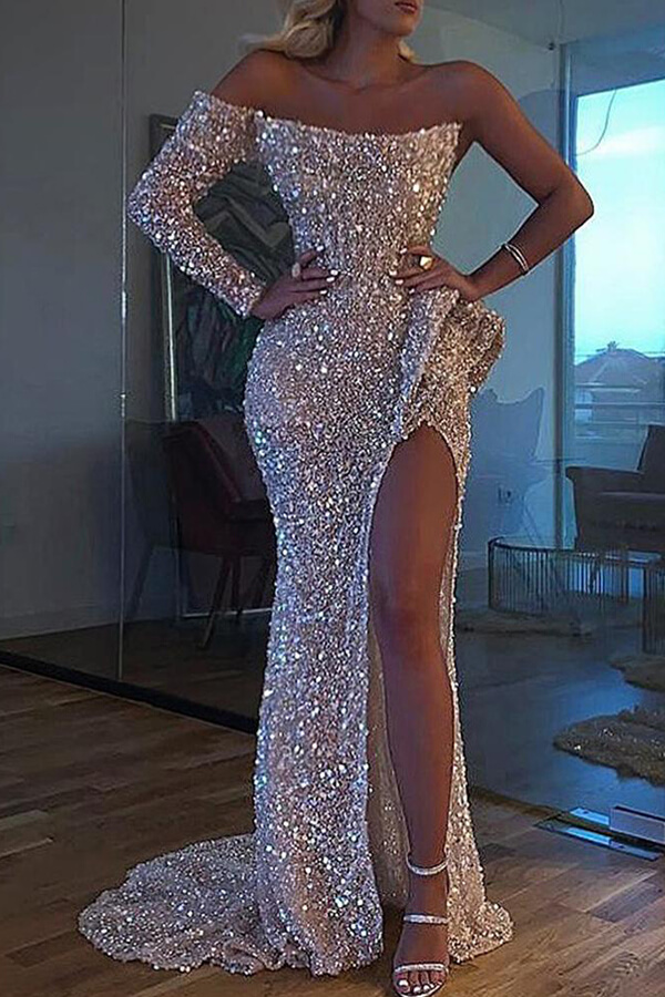 LW Party One Shoulder Slit Silver Trailing Evening Dress