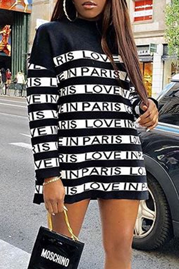 Lovely Casual Letter Black And White Mini Dress