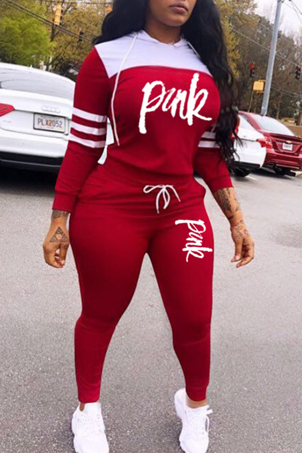 Lovely Casual Hooded Collar Letter Red Two-piece Pants Set
