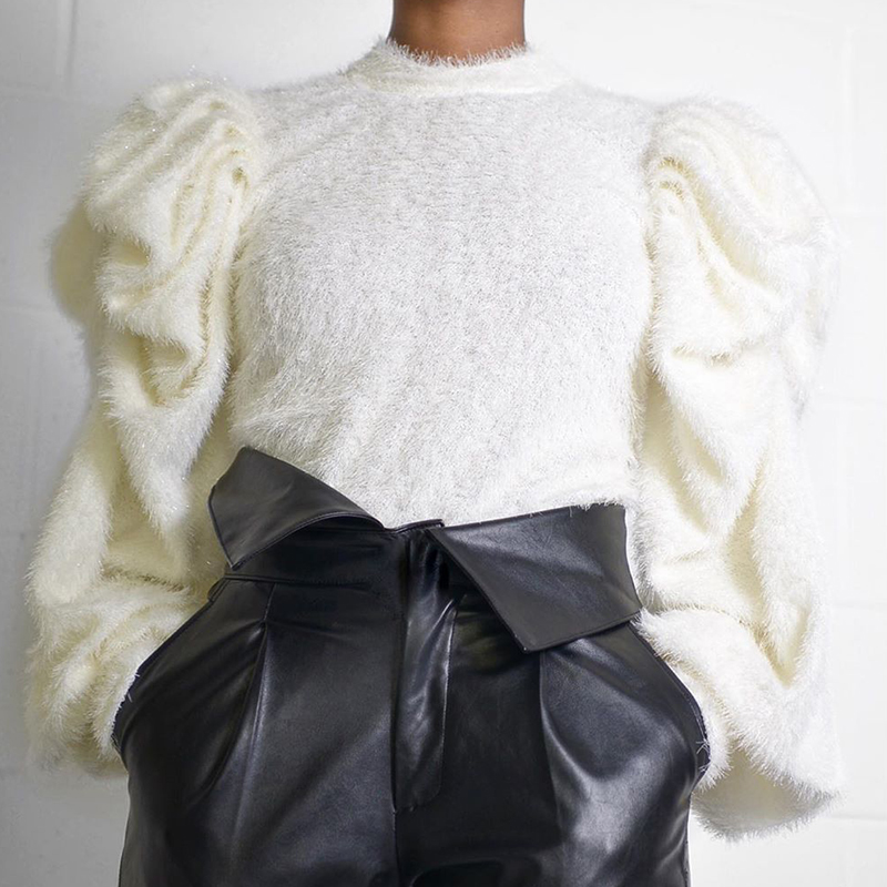 Lovely Casual Mandarin Collar Ruffle Design White Sweater