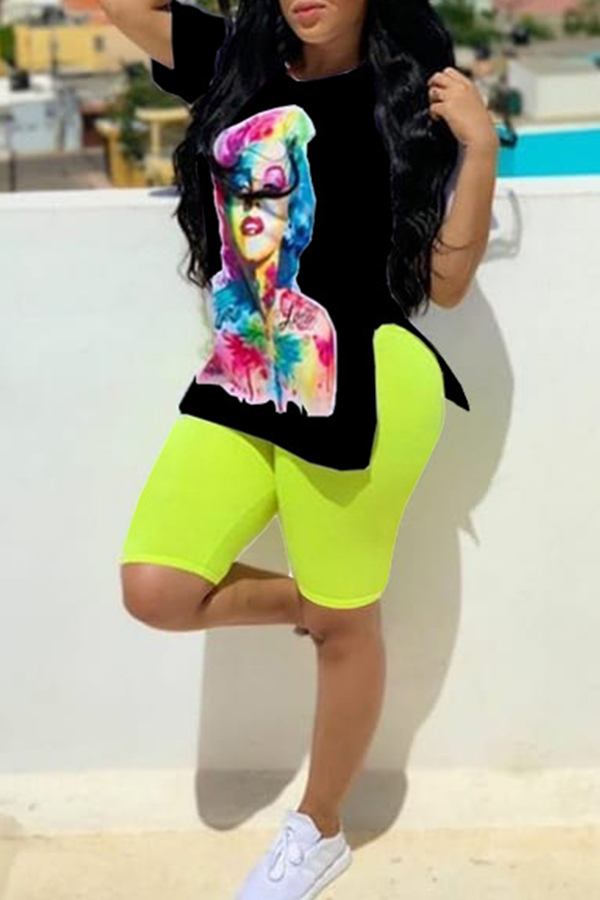 LW Casual O Neck Printed Black Two-piece Shorts Set