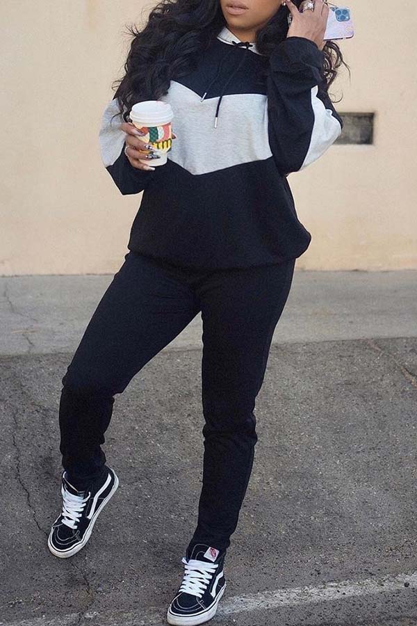 Lovely Casual Patchwork Black Two-piece Pants Set
