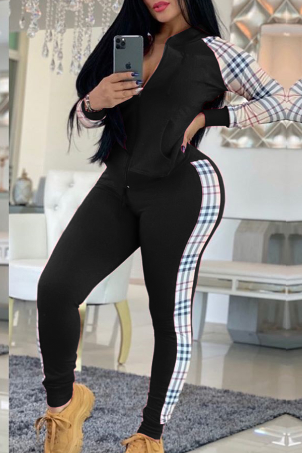 Lovely Casual Plaid Patchwork Black Two-piece Pants Set