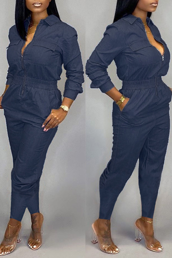 Lovely Casual Zipper Design Deep Blue One-piece Jumpsuit