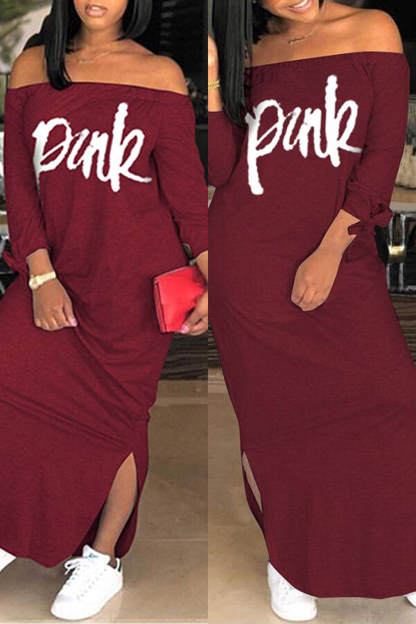LW Casual Letter Wine Red Ankle Length Dress